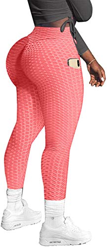 Memoryee Damen Honeycomb Leggings mit Taschen Slim Fit Hohe Taille Sporthose Lange Workout Kontrolle Gym Yogahosen/Orange Red/M von Memoryee