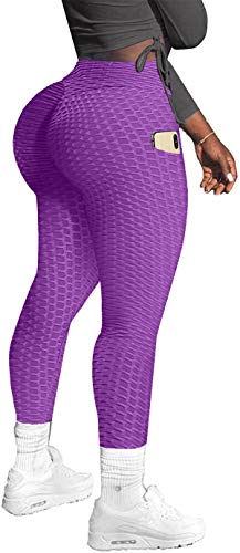 Memoryee Damen Honeycomb Leggings mit Taschen Slim Fit Hohe Taille Sporthose Lange Workout Kontrolle Gym Yogahosen/Purple/L von Memoryee