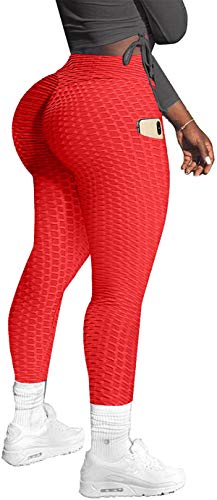 Memoryee Damen Honeycomb Leggings mit Taschen Slim Fit Hohe Taille Sporthose Lange Workout Kontrolle Gym Yogahosen/Red/L von Memoryee