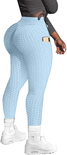 Memoryee Damen Honeycomb Leggings mit Taschen Slim Fit Hohe Taille Sporthose Lange Workout Kontrolle Gym Yogahosen/Sky Blue/XL von Memoryee