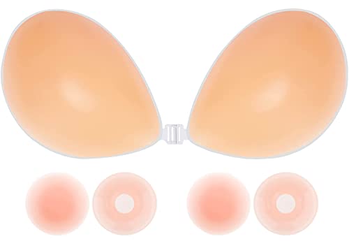 Memoryee Damen Klebe BH,Push Up Trägerlosen Rückenfrei Selbstklebend Silikon BH mit 4 Wiederverwendbare Silikon Unsichtbar Brüste Nippelpads für A-G Körbchen Große Brust/#1 Beige/A von Memoryee