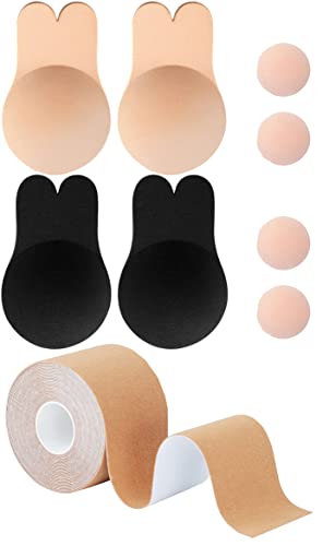 Memoryee Damen Klebe BH Boob Tape, Push Up Adhesive Silikon Invisible Rabbit Bra mit 4 Wiederverwendbare Silikon Unsichtbar Brüste Nippelpads, Body Tape für A-G Körbchen Große Brust/Beige+Black-2/M von Memoryee