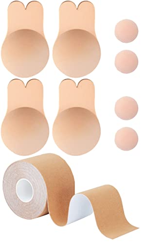 Memoryee Damen Klebe BH Boob Tape, Push Up Adhesive Silikon Invisible Rabbit Bra mit 4 Wiederverwendbare Silikon Unsichtbar Brüste Nippelpads, Body Tape für A-G Körbchen Große Brust/Beige-2pair/XXL von Memoryee