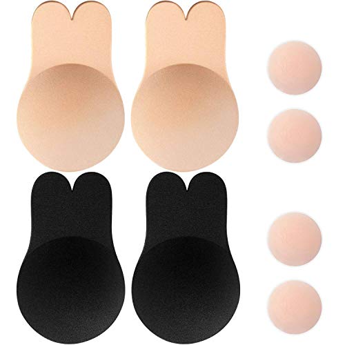 Memoryee Damen Push Up Adhesive Silikon Invisible Rabbit Bra Wiederverwendbare Lifting Bra Cups Nippel Cover/Beige+Schwarz-2Pair/M(A/B Cup) von Memoryee