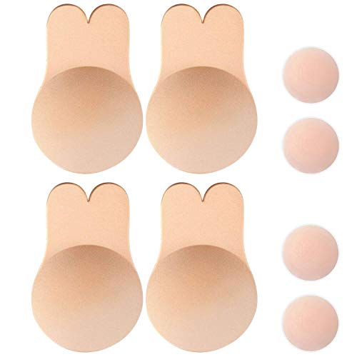 Memoryee Damen Push Up Adhesive Silikon Invisible Rabbit Bra Wiederverwendbare Lifting Bra Cups Nippel Cover/Beige-2Pair/L(C/D Cup) von Memoryee