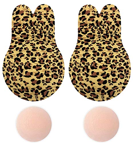 Memoryee Damen Push Up Adhesive Silikon Invisible Rabbit Bra Wiederverwendbare Lifting Bra Cups Nippel Cover/Gelber Leopard-1Pair/L(C/D Cup) von Memoryee