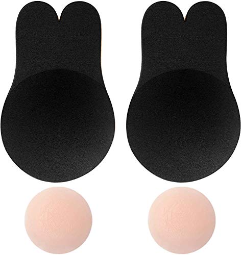 Memoryee Damen Push Up Adhesive Silikon Invisible Rabbit Bra Wiederverwendbare Lifting Bra Cups Nippel Cover/Schwarz-1Pair/M(A/B Cup) von Memoryee