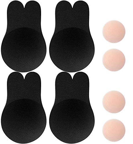 Memoryee Damen Push Up Adhesive Silikon Invisible Rabbit Bra Wiederverwendbare Lifting Bra Cups Nippel Cover/Schwarz-2Pair/XL(E/F Cup) von Memoryee