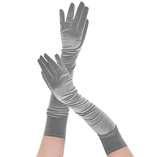 Memoryee Damen Sexy Lange Handschuhe Satin Ellenbogen Länge 21" Dehnbar 1920er Oper Hochzeit Abend Party Tanzhandschuhe und Fäustlinge Silber von Memoryee