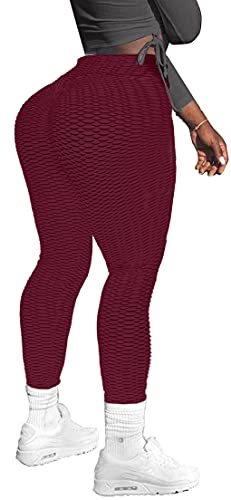 Memoryee Damen Honeycomb Leggings Geraffte Hintern Heben Hohe Taille Push Up Boom Booty Sport Leggings mit Bauchkontrolle Plus Größe Blickdichte Dehnbare Gym Yogahosen/#5 Wine Red/M von Memoryee