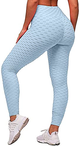 Memoryee Damen Honeycomb Leggings Geraffte Hintern Heben Hohe Taille Push Up Boom Booty Sport Leggings mit Bauchkontrolle Plus Größe Blickdichte Dehnbare Gym Yogahosen/Light Blue/M von Memoryee