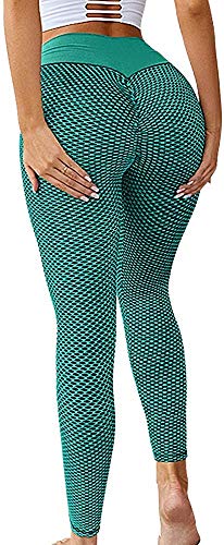 Memoryee Damen Honeycomb Leggings Geraffte Hintern Heben Hohe Taille Push Up Boom Booty Sport Leggings mit Bauchkontrolle Plus Größe Blickdichte Dehnbare Gym Yogahosen/Style2-Green/XL von Memoryee