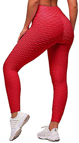 Memoryee Damen Honeycomb Leggings Geraffte Hintern Heben Hohe Taille Push Up Boom Booty Sport Leggings mit Bauchkontrolle Plus Größe Blickdichte Dehnbare Gym Yogahosen/rot/M von Memoryee