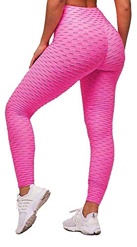 Memoryee Damen Honeycomb Leggings Geraffte Hintern Heben Hohe Taille Push Up Boom Booty Sport Leggings mit Bauchkontrolle Plus Größe Blickdichte Dehnbare Gym Yogahosen/Rose Rot/L von Memoryee