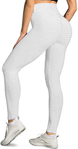 Memoryee Damen Honeycomb Leggings Geraffte Hintern Heben Hohe Taille Push Up Boom Booty Sport Leggings mit Bauchkontrolle Plus Größe Blickdichte Dehnbare Gym Yogahosen/Style1-White/L von Memoryee