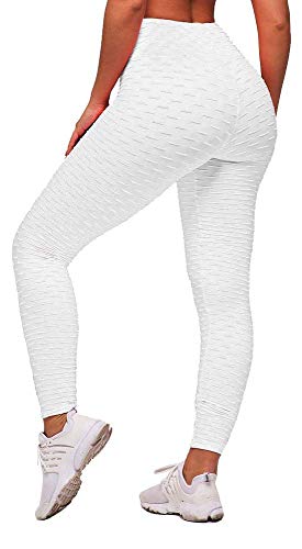 Memoryee Damen Honeycomb Leggings Geraffte Hintern Heben Hohe Taille Push Up Boom Booty Sport Leggings mit Bauchkontrolle Plus Größe Blickdichte Dehnbare Gym Yogahosen/Weiß/M von Memoryee