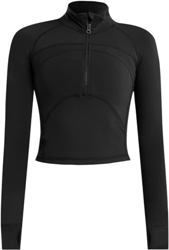 Memoryee Basic Langarmshirt Damen Sport Laufen Yoga Gym Zipper Crop Top Leicht Fitness Pullover Oberteil mit Halbem Reißverschluss und Daumenloch Schwarz L von Memoryee