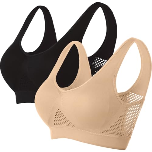 Memoryee Gepolsterte Sport-BHS Damen Mittlerer Halt Große Größen für Große Brüste Push-Up Nahtlos Atmungsaktiv für Yoga Laufen Crop Top Schwarz+Beige 5XL von Memoryee