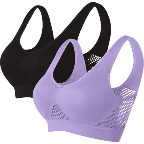 Memoryee Gepolsterte Sport-BHS Damen Mittlerer Halt Große Größen für Große Brüste Push-Up Nahtlos Atmungsaktiv für Yoga Laufen Crop Top Schwarz+Lila 3XL von Memoryee