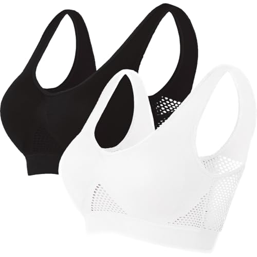 Memoryee Gepolsterte Sport-BHS Damen Mittlerer Halt Große Größen für Große Brüste Push-Up Nahtlos Atmungsaktiv für Yoga Laufen Crop Top Schwarz+Weiß 6XL von Memoryee