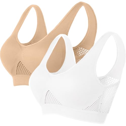 Memoryee Gepolsterte Sport-BHS Damen Mittlerer Halt Große Größen für Große Brüste Push-Up Nahtlos Atmungsaktiv für Yoga Laufen Crop Top Weiß+Beige M von Memoryee