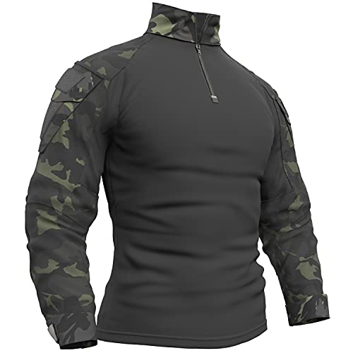 Memoryee Herren Military Tactical Army Combat Langarmhemd Slim Fit T-Shirt mit 1/4 Reißverschluss und Taschen/Dark Night/XXL von Memoryee