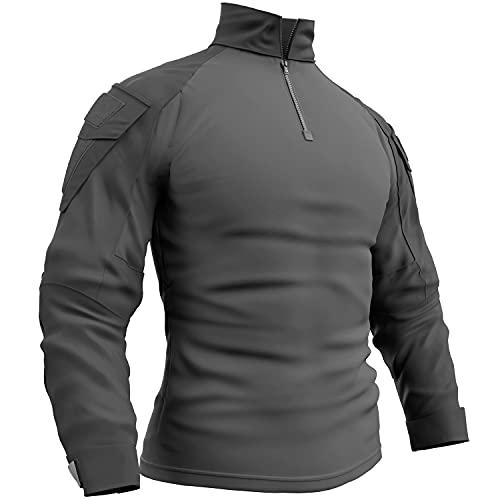 Memoryee Herren Military Tactical Army Combat Langarmhemd Slim Fit T-Shirt mit 1/4 Reißverschluss und Taschen/Grey/L von Memoryee