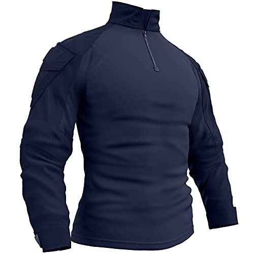 Memoryee Herren Military Tactical Army Combat Langarmhemd Slim Fit T-Shirt mit 1/4 Reißverschluss und Taschen/Navy/M von Memoryee