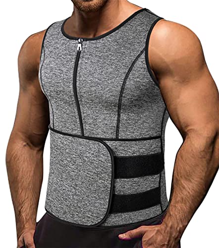 Memoryee Herren Neopren Sauna Weste Body Shaperwear Schwitzweste Taille Trainer Fitness Korsett Reißverschluss Tank Top/Grey(Single Belt)/3XL von Memoryee