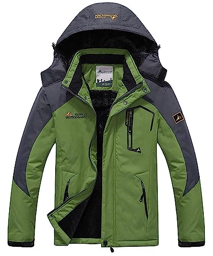 Memoryee Herren Ski Jacke Warmer Gefüttert Winter Fleece Mantel Wasserdichter mit Abnehmbarer Kapuze Outdoorjacke/Green/L von Memoryee