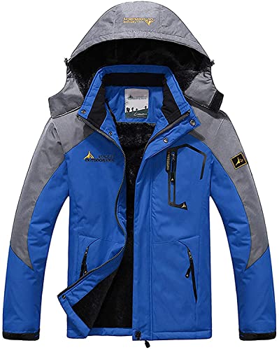 Memoryee Herren Ski Jacke Warmer Gefüttert Winter Fleece Mantel Wasserdichter mit Abnehmbarer Kapuze Outdoorjacke/Grey blue/L von Memoryee