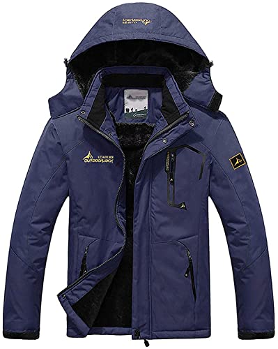 Memoryee Herren Ski Jacke Warmer Gefüttert Winter Fleece Mantel Wasserdichter mit Abnehmbarer Kapuze Outdoorjacke/Navy blue/XL von Memoryee