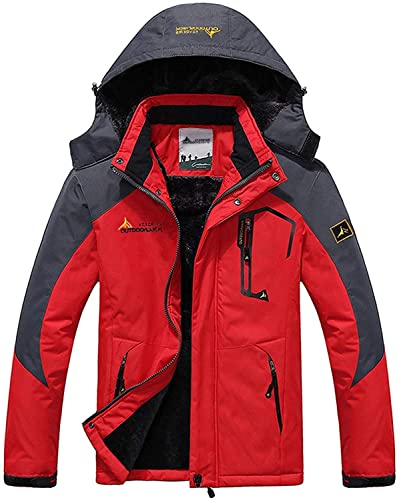 Memoryee Herren Ski Jacke Warmer Gefüttert Winter Fleece Mantel Wasserdichter mit Abnehmbarer Kapuze Outdoorjacke/Red/L von Memoryee