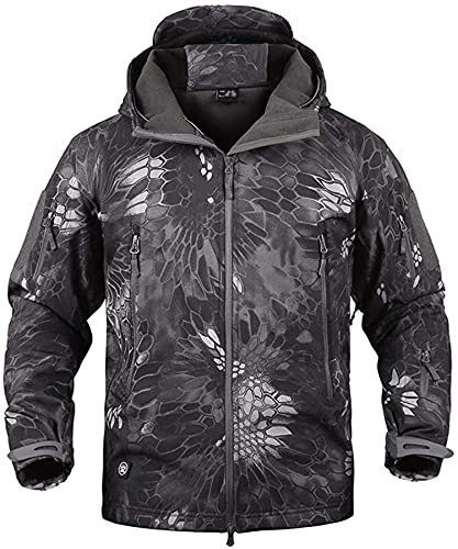 Memoryee Herren Wasserdichte Softshelljacken Fleece Futter Warme Militärische Outdoor Winddicht Übergangsjacke mit Kapuze/Black python(new)/2XL von Memoryee