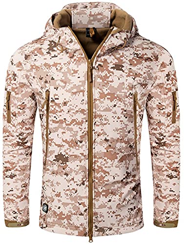 Memoryee Herren Wasserdichte Softshelljacken Fleece Futter Warme Militärische Outdoor Winddicht Übergangsjacke mit Kapuze/Desert camouflage(new)/L von Memoryee