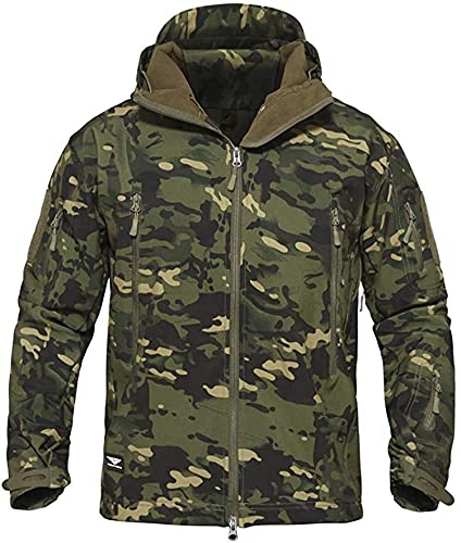 Memoryee Herren Wasserdichte Softshelljacken Fleece Futter Warme Militärische Outdoor Winddicht Übergangsjacke mit Kapuze/Green CP(new)/2XL von Memoryee