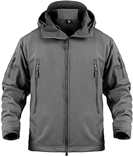 Memoryee Herren Wasserdichte Softshelljacken Fleece Futter Warme Militärische Outdoor Winddicht Übergangsjacke mit Kapuze/Grey(new)/2XL von Memoryee