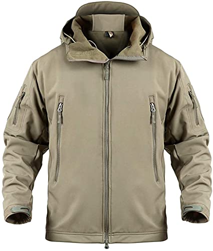 Memoryee Herren Wasserdichte Softshelljacken Fleece Futter Warme Militärische Outdoor Winddicht Übergangsjacke mit Kapuze/Khaki(new)/2XL von Memoryee