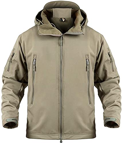 Memoryee Herren Wasserdichte Softshelljacken Fleece Futter Warme Militärische Outdoor Winddicht Übergangsjacke mit Kapuze/Khaki(new)/3XL von Memoryee