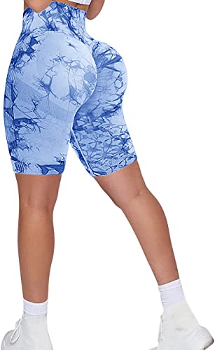 Memoryee Kurze Leggings Damen Push Up Booty Sport Nahtlose Shorts Hintern Heben Hohe Taille Bauchkontrolle Yogahose/B-Tie Dye Light Blue/M von Memoryee