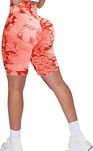 Memoryee Kurze Leggings Damen Push Up Booty Sport Nahtlose Shorts Hintern Heben Hohe Taille Bauchkontrolle Yogahose/B-Tie Dye Orange/S von Memoryee