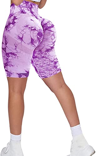 Memoryee Kurze Leggings Damen Push Up Booty Sport Nahtlose Shorts Hintern Heben Hohe Taille Bauchkontrolle Yogahose/B-Tie Dye Purple/S von Memoryee