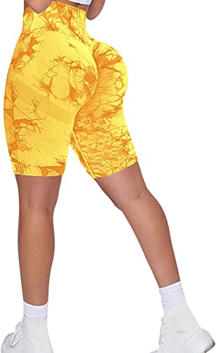 Memoryee Kurze Leggings Damen Push Up Booty Sport Nahtlose Shorts Hintern Heben Hohe Taille Bauchkontrolle Yogahose/B-Tie Dye Yellow/L von Memoryee