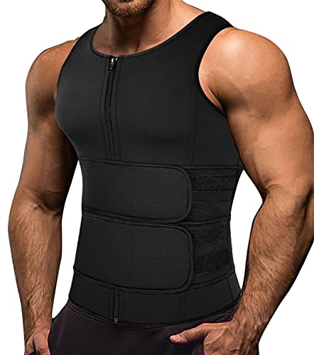 Memoryee Herren Neopren Sauna Weste Body Shaperwear Schwitzweste Taille Trainer Fitness Korsett Reißverschluss Tank Top/Black(Double Belt)/L von Memoryee