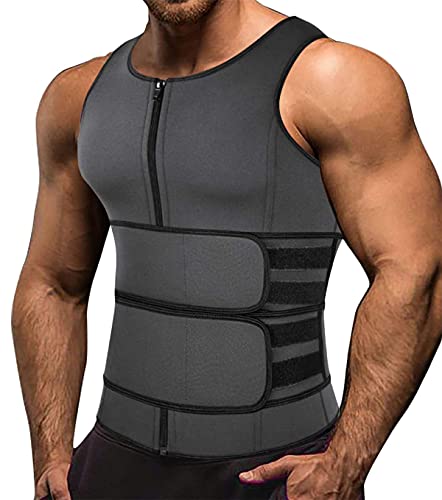 Memoryee Herren Neopren Sauna Weste Body Shaperwear Schwitzweste Taille Trainer Fitness Korsett Reißverschluss Tank Top/Grey(Double Belt)/M von Memoryee