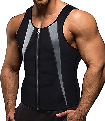 Memoryee Herren Neopren Sauna Weste Body Shaperwear Schwitzweste Taille Trainer Fitness Korsett Reißverschluss Tank Top/Black (Zipper - Gray Stripe)/M von Memoryee