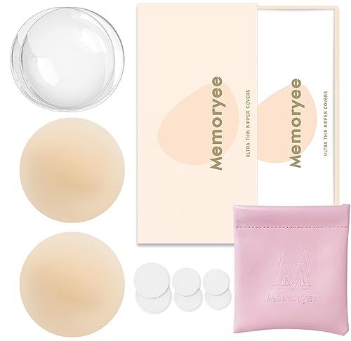 Memoryee Nippelpads, Ultra Dünne Damen Nippel Cover mit Brustwarzenschutz Wiederverwendbar und Waschbare Selbstklebende Brustwarzen Nippelabdeckung aus Hochwertigem Silikon [8 cm]/Creme Skin/1 von Memoryee