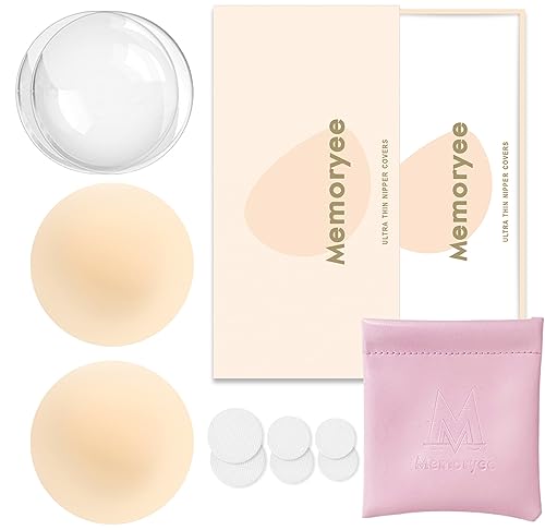 Memoryee Nippelpads, Ultra Dünne Damen Nippel Cover mit Brustwarzenschutz Wiederverwendbar und Waschbare Selbstklebende Brustwarzen Nippelabdeckung aus Hochwertigem Silikon [8 cm]/Creme White/1 von Memoryee
