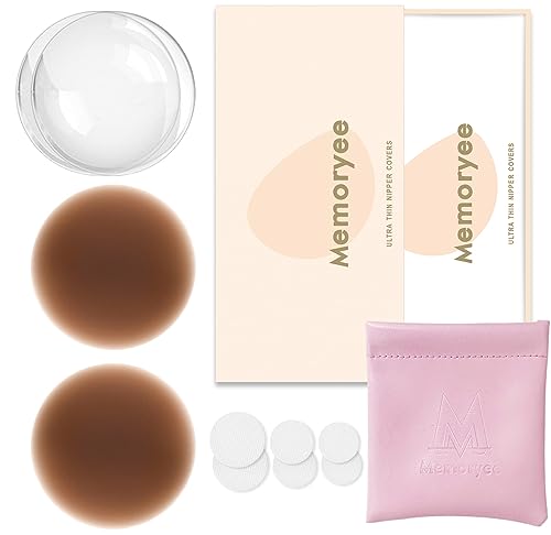 Memoryee Nippelpads, Ultra Dünne Damen Nippel Cover mit Brustwarzenschutz Wiederverwendbar und Waschbare Selbstklebende Brustwarzen Nippelabdeckung aus Hochwertigem Silikon [8 cm]/Dark Brown/1 von Memoryee
