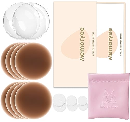 Memoryee Nippelpads, Ultra Dünne Damen Nippel Cover mit Brustwarzenschutz Wiederverwendbar und Waschbare Selbstklebende Brustwarzen Nippelabdeckung aus Hochwertigem Silikon [8 cm]/Dark Brown/4 von Memoryee